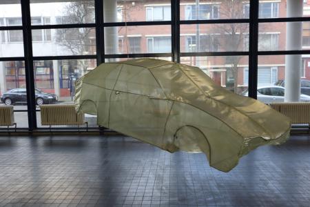  'Motionless not moving a muscle or twisting a finger' In collaboration with Mila Narjollet  Metal, textile, sound, heat, vibration ] Personifying the car, warm, shaking, rumbling. What are you when you're driving?  Part of group exhibition 'A duffel bag f